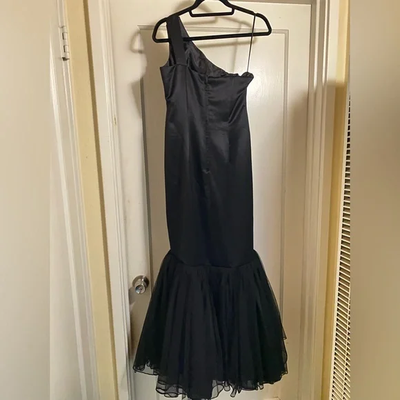 Vintage y2k Black Satin Mermaid Fishtail Evening Gown Prom Dress barbiecore noir - Picture 12 of 17